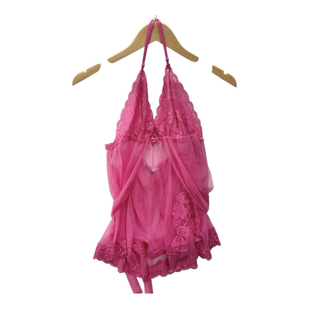 Fredericks Of Hollywood Lingerie L Pink Sheer Lace Shorty‎ Dress Sexy Boudoir